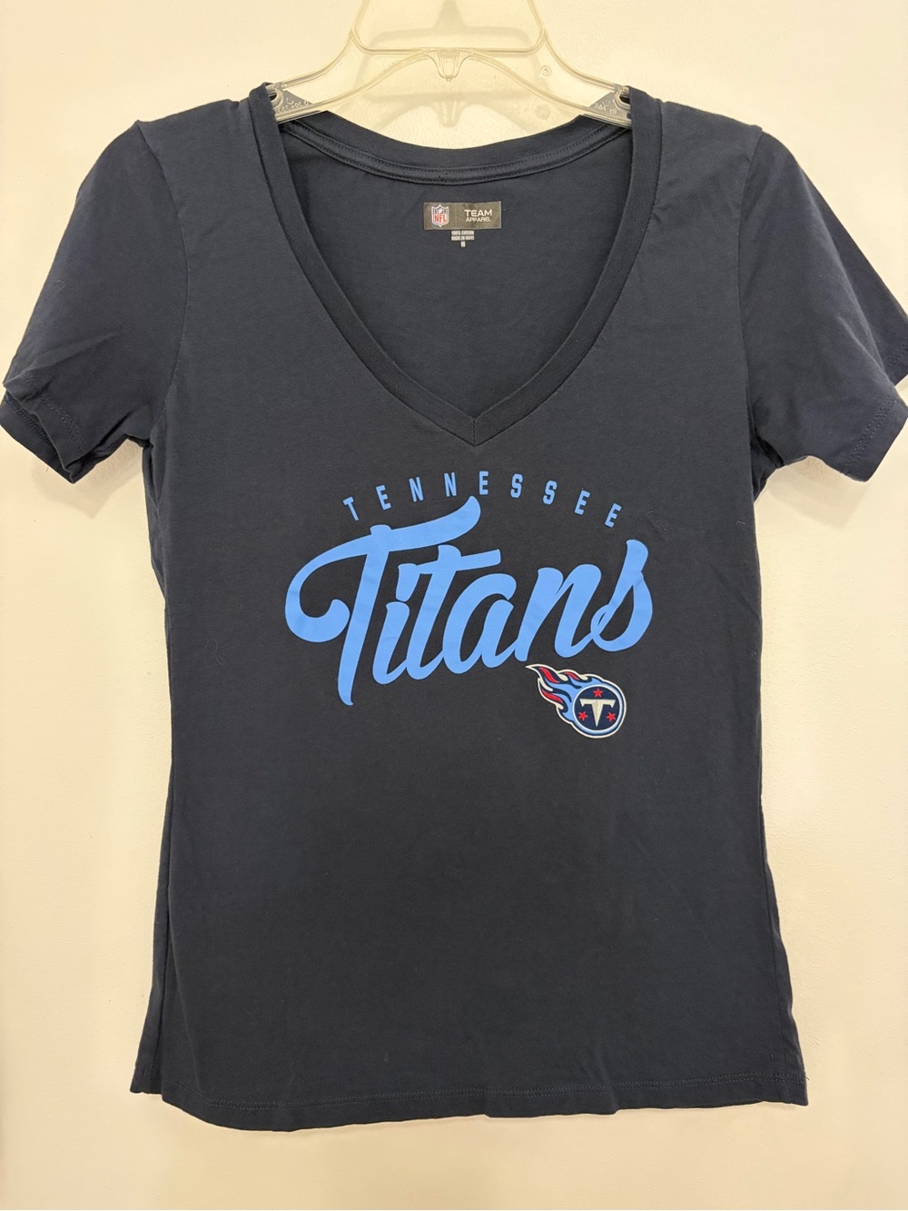 NFL Tennessee Titans Women's Navy V-Neck Tee with Light Blue Script